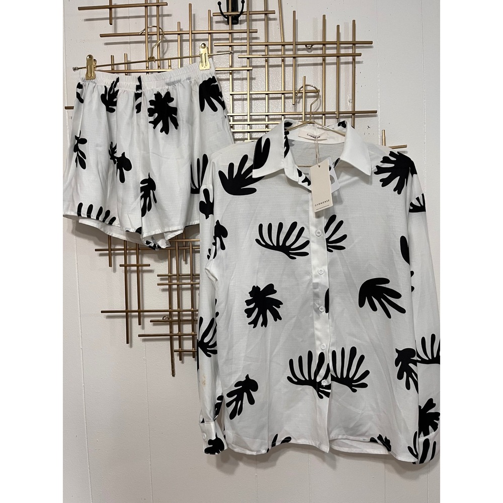 COMMense White Black Abstract Print Button Down Shirt & Shorts Set XS - Picture 1 of 12